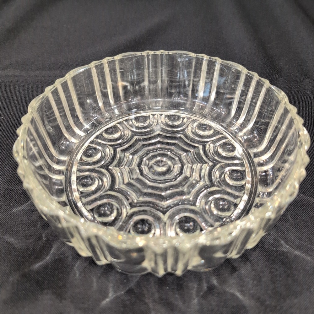 Vintage Clear Pressed Glass Ribbed Bowl Geometric Sunburst Base Candy Dish - Picture 2 of 6